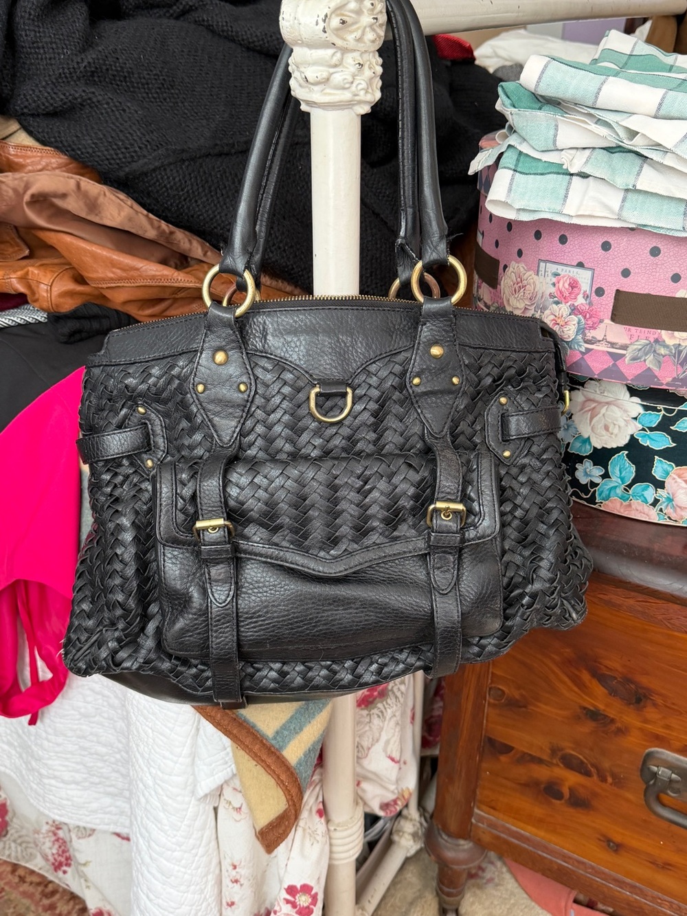 Cole Haan Black Woven Leather Shoulder Bag with Gold Hardware